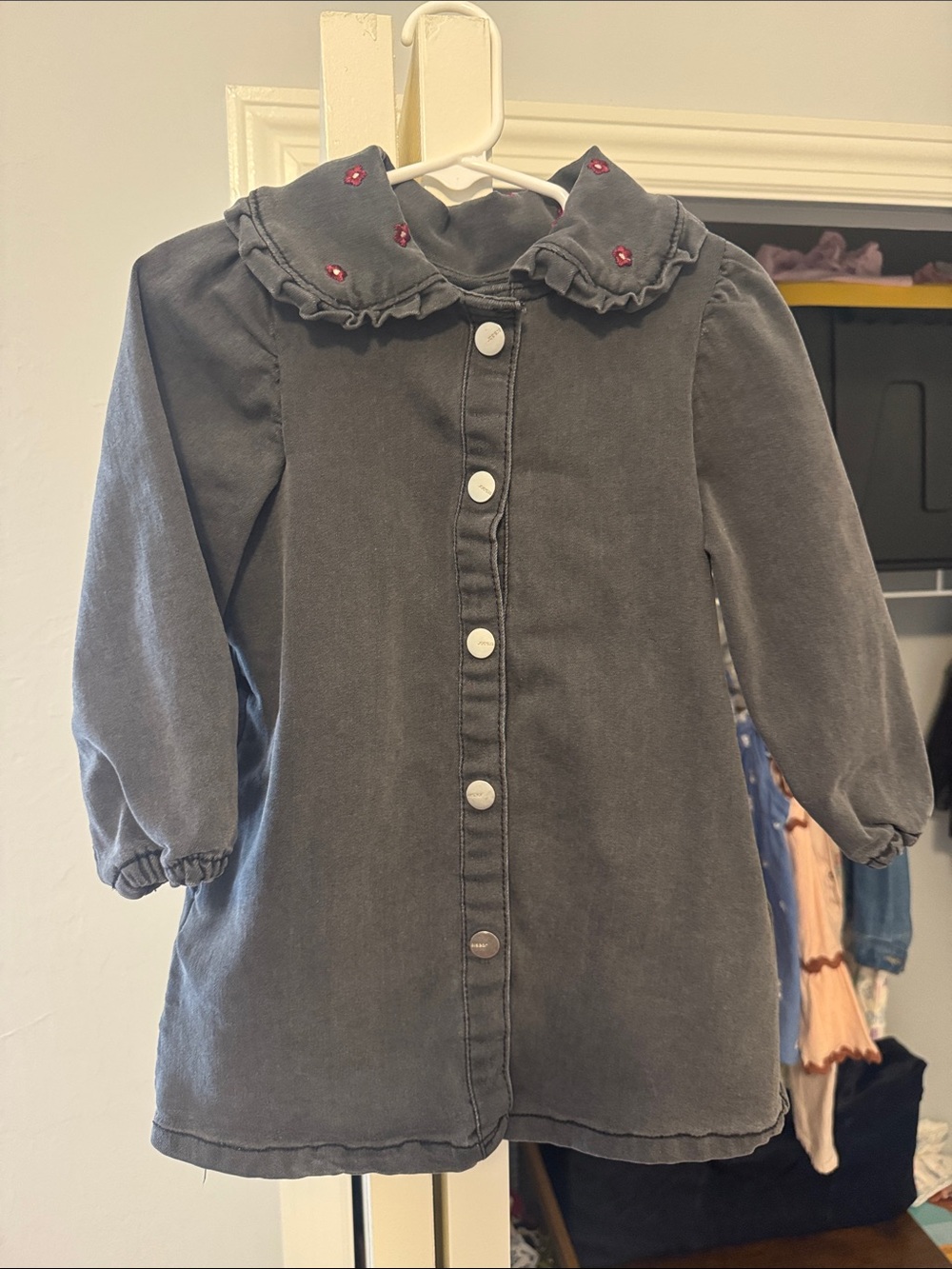 Joe's Jeans Charcoal Gray Button-Front Dress with Pink Embroidered Collar